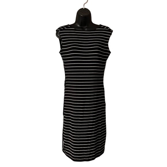 Calvin Klein women's mid-length black dress / white stripes, cap sleeves, size 4 - Picture 1 of 8